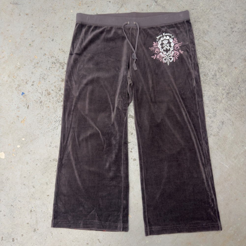 VTG Y2K Juicy Couture Brown Velour Wide Leg Track Pants Rhinestone Crest 2X